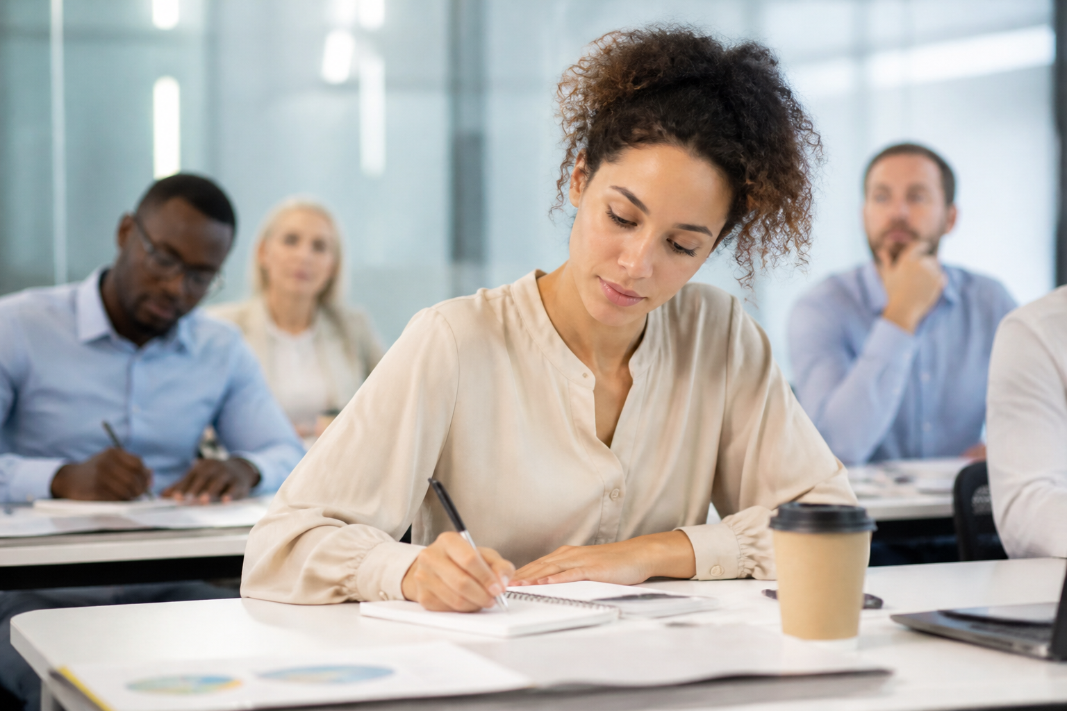 Participant en formation professionnel prenant des notes