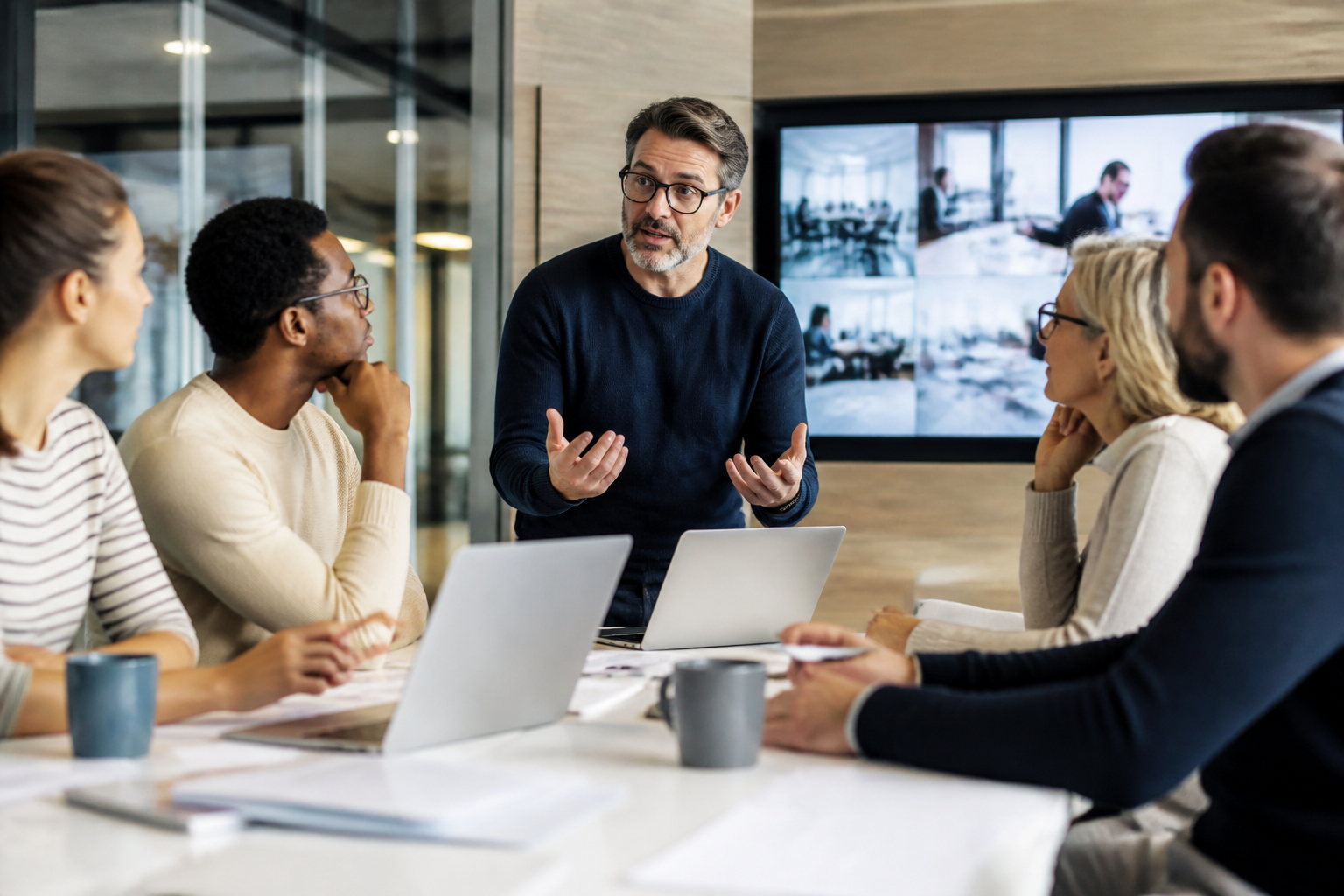 Réunion de travail collaborative sur un projet de formation avec un manager et des collègues