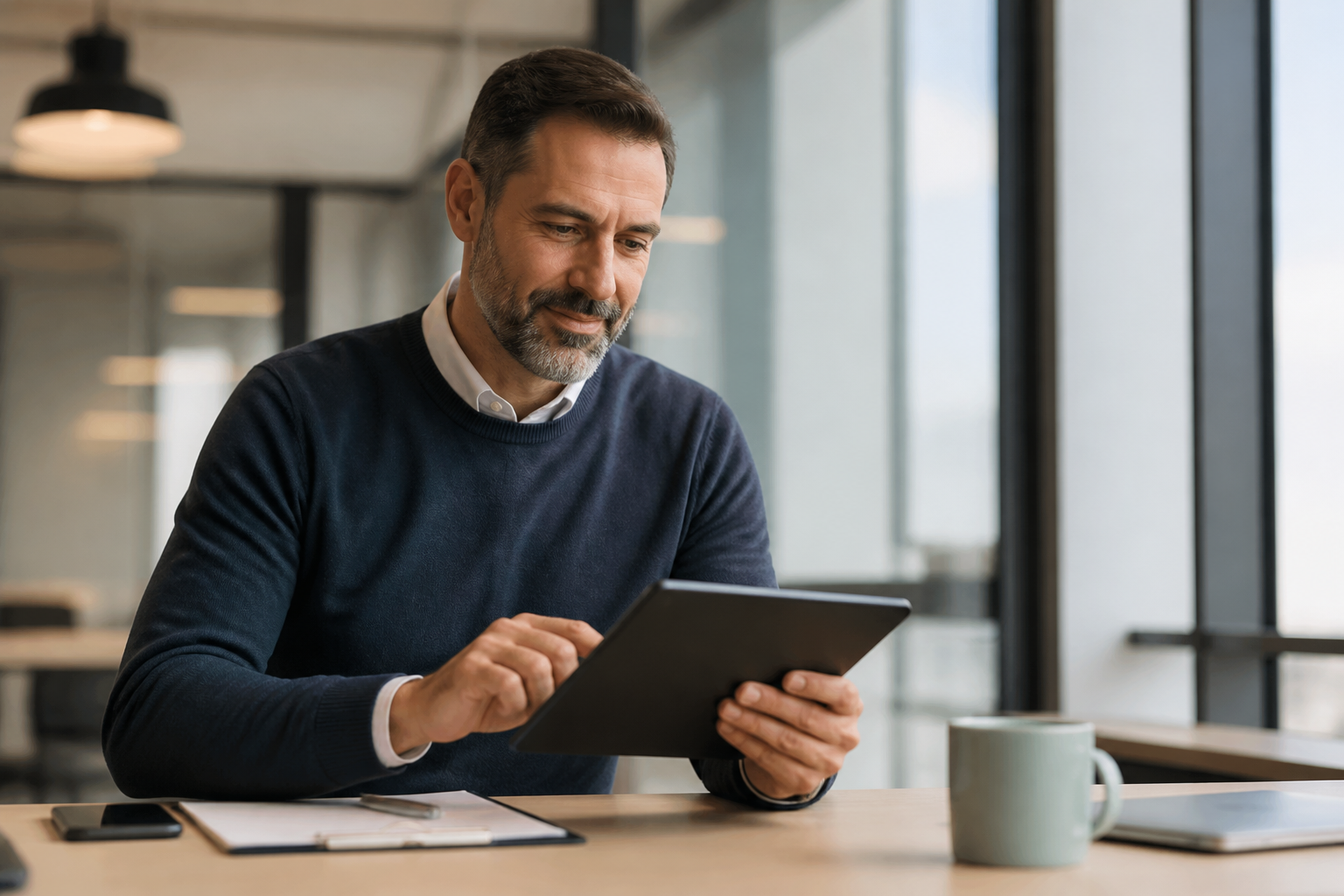 Manager indépendant utilisant une tablette pour choisir une formation professionnelle