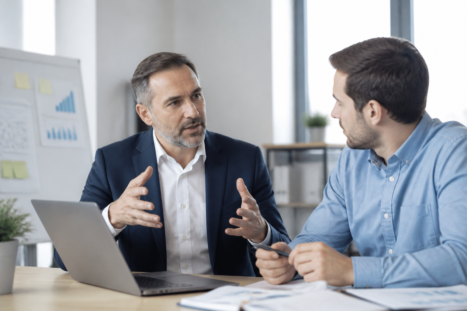 Rencontre entre un manager et un conseiller en évolution professionnelle lors d'un atelier
