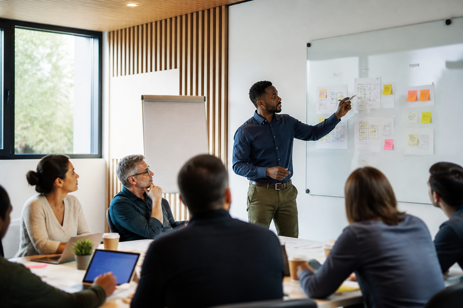 Atelier de formation professionnelle avec formateur et participants concentrés