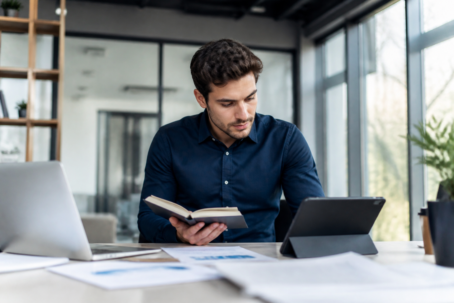Manager préparant un projet de formation professionnelle avec outils digitaux