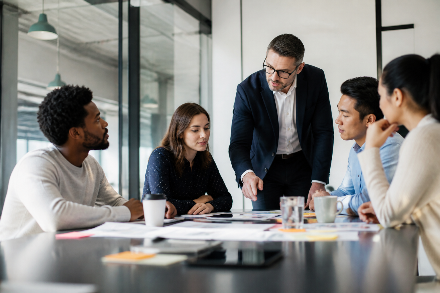 Manager et employés en réunion sur un projet de reconversion