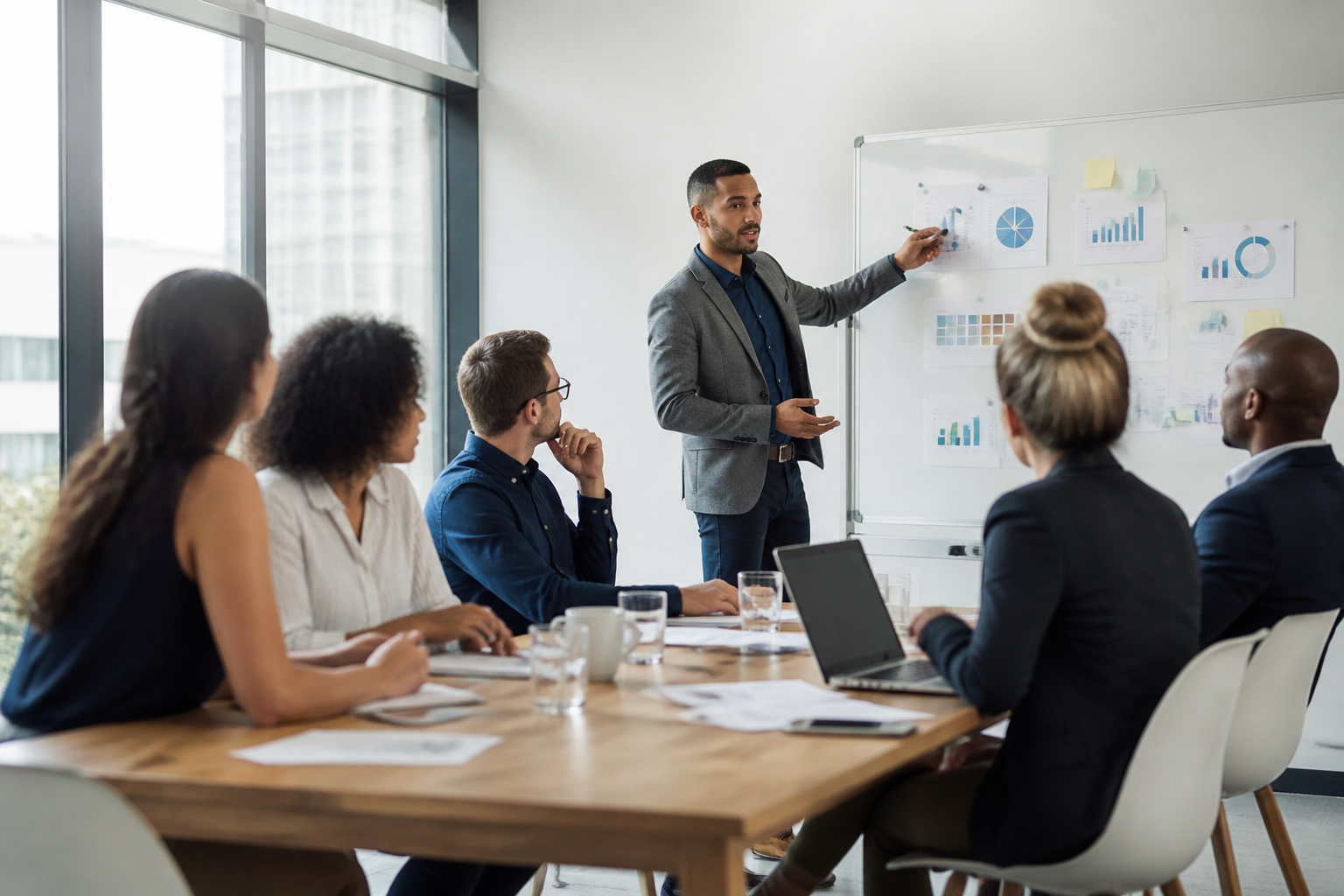 Réunion professionnelle avec manager et équipe diverse