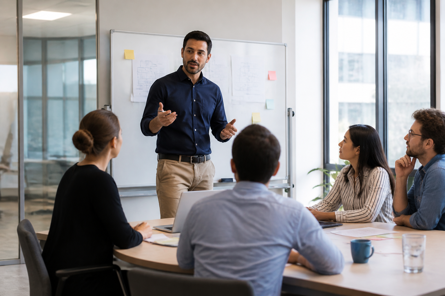 Atelier de formation professionnelle avec formateur et participants attentifs