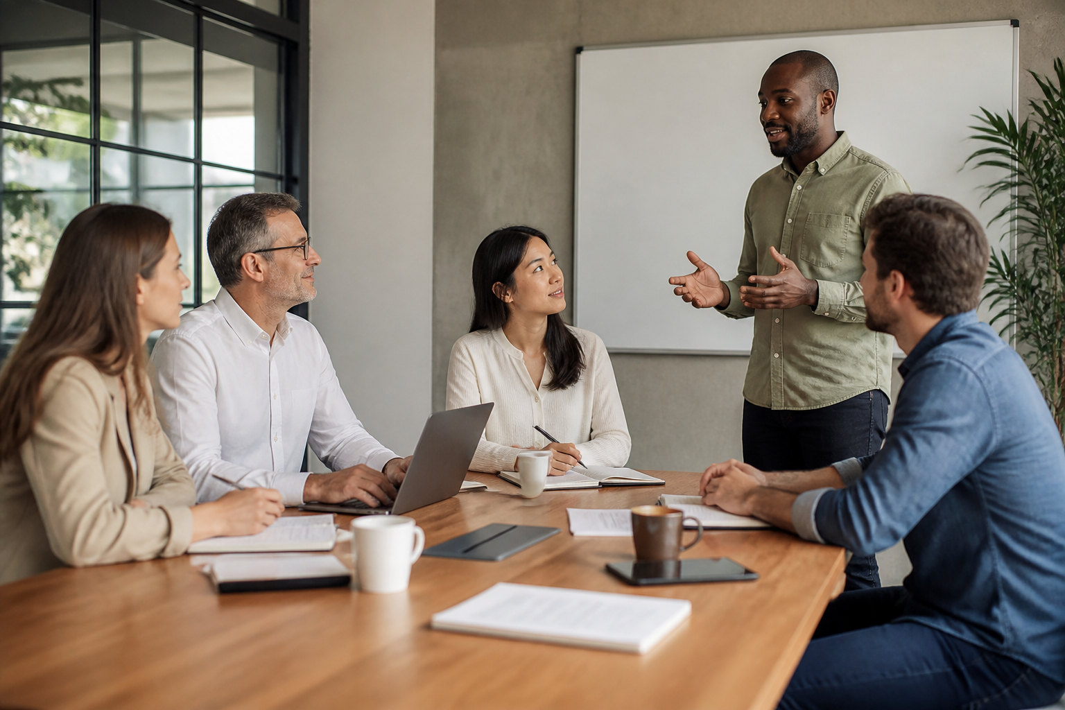 Réunion de petite équipe avec un manager discutant des plans de formation
