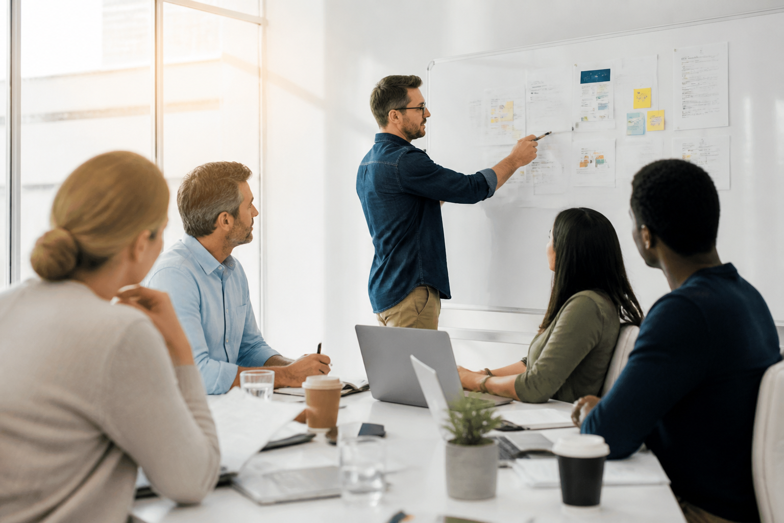 Manager animant une réunion de travail dans un bureau moderne avec des membres d'équipe attentifs