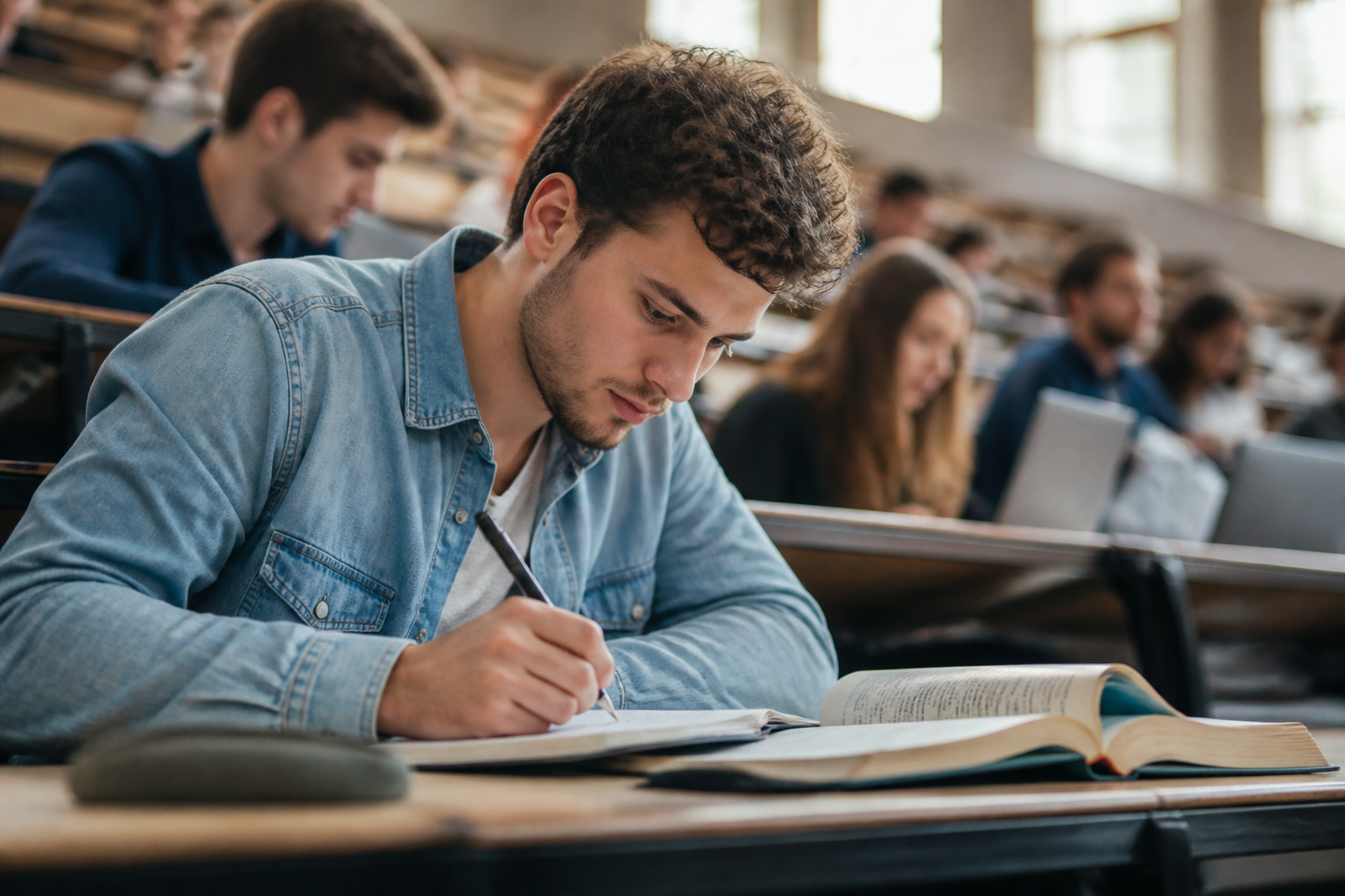 Étudiant en formation initiale suivant un cours en amphithéâtre