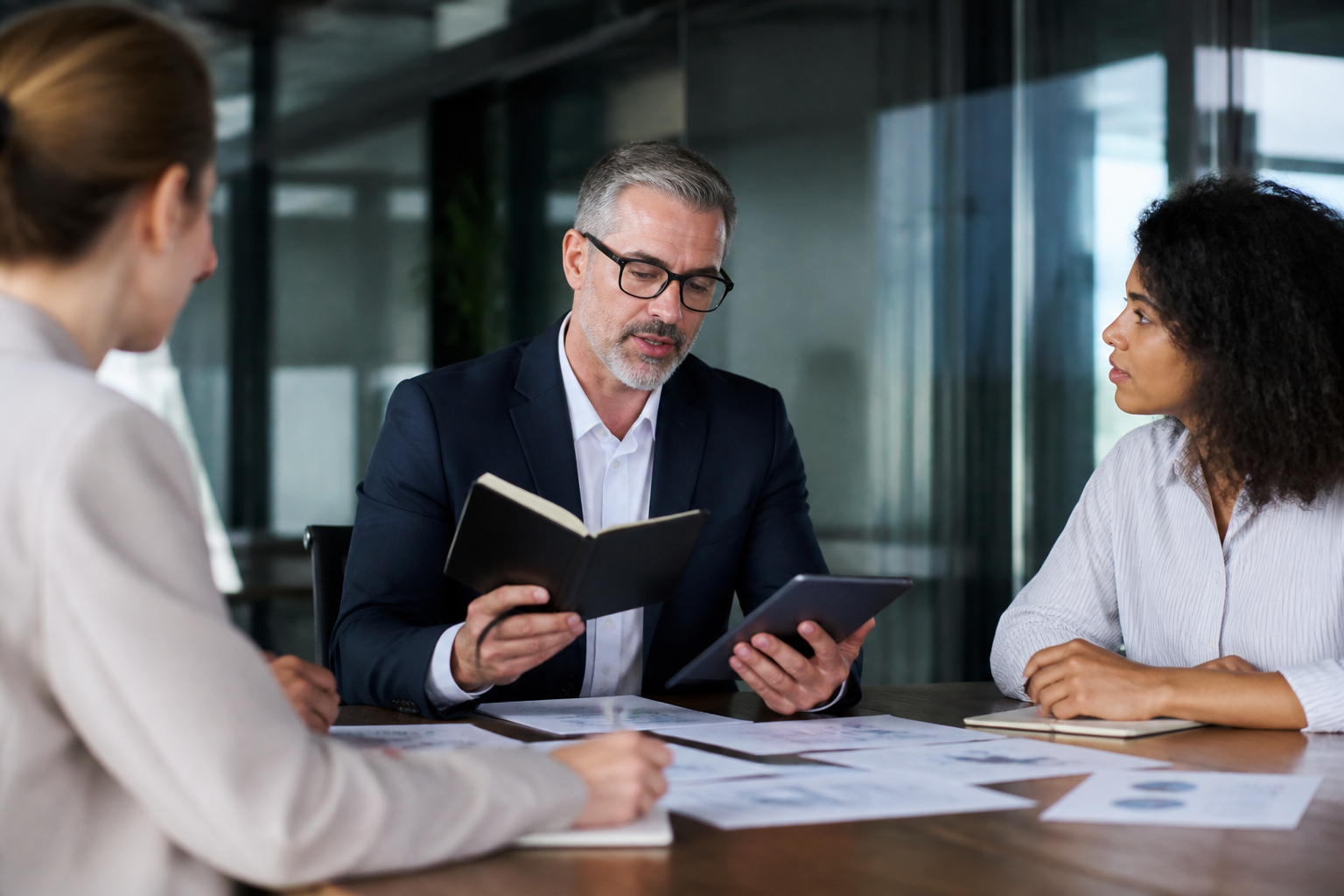 Manager consultant son carnet de notes et tablette lors d'une réunion sur la formation professionnelle
