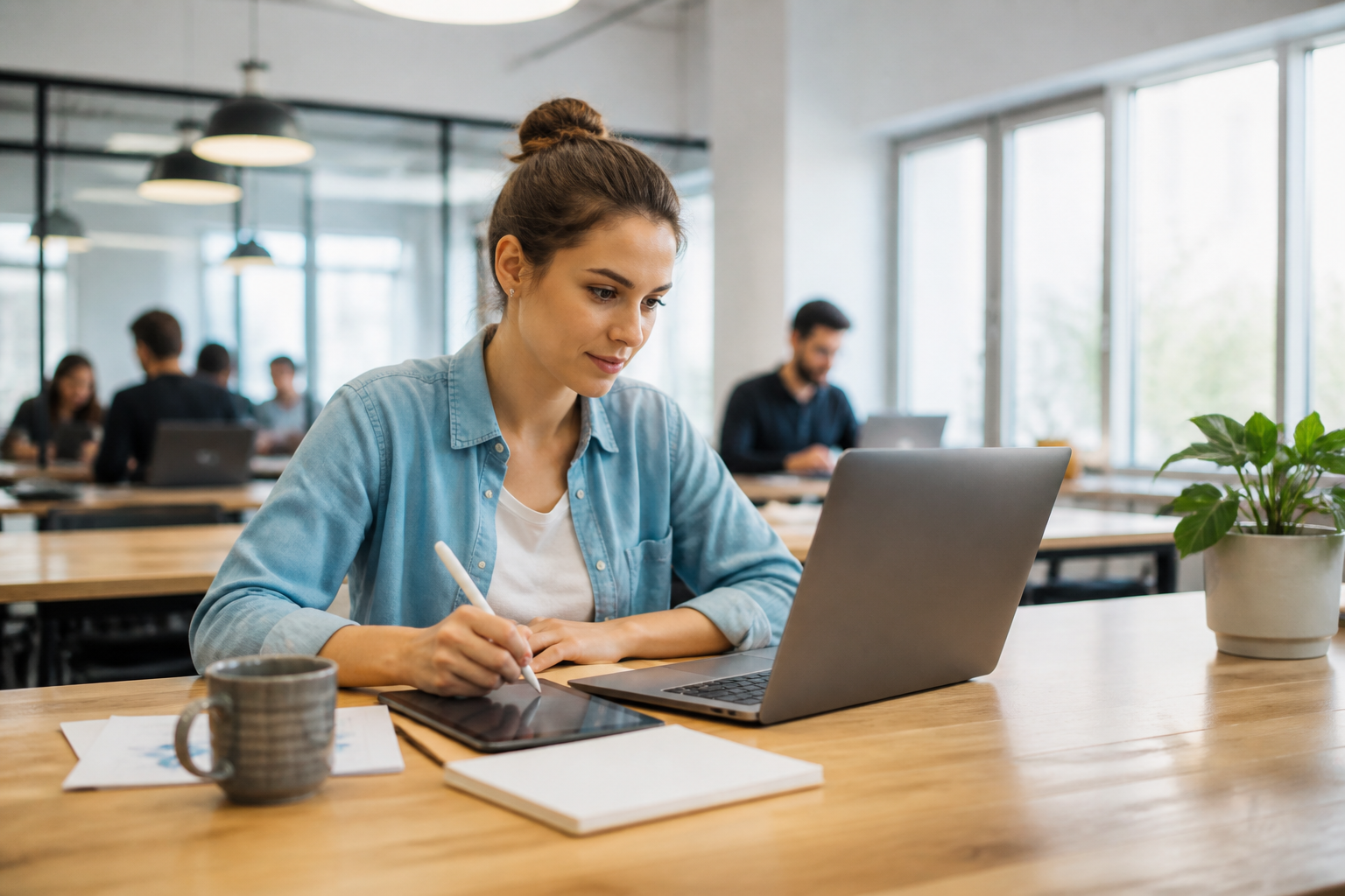 Personne en formation informatique dans un espace de coworking