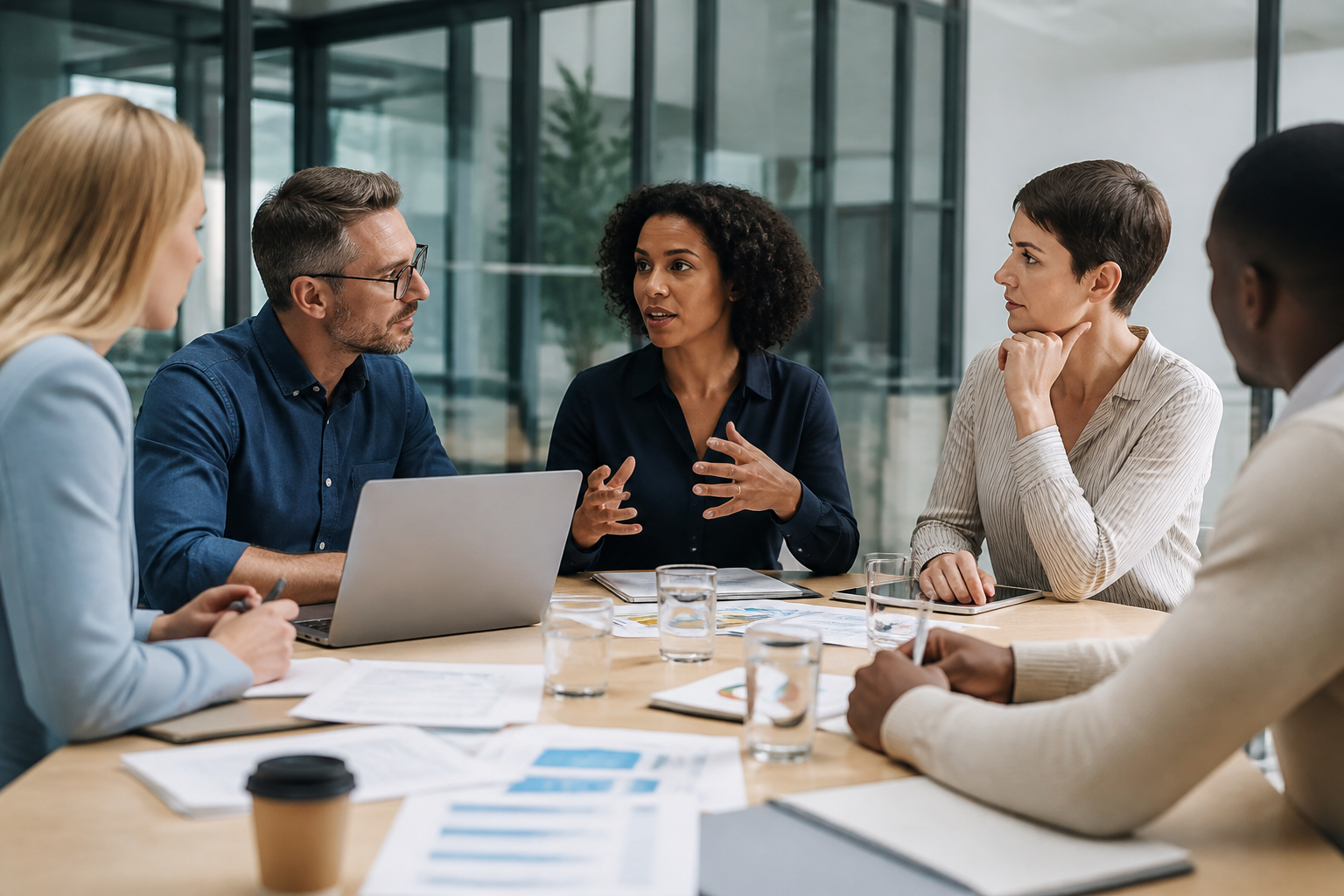 Managers et responsables RH discutant d'un projet de reconversion professionnelle en réunion
