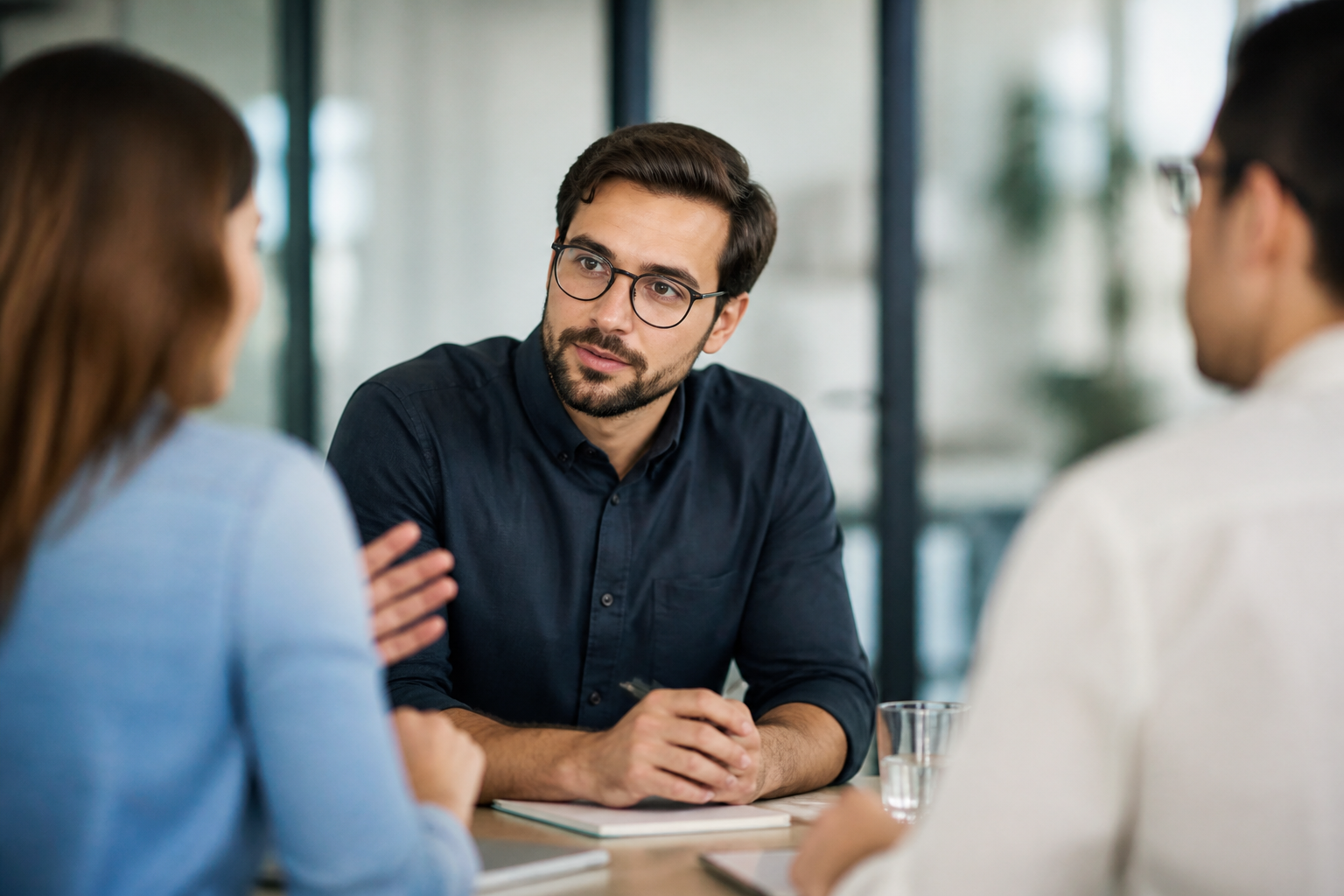 Manager écoutant attentivement et engagée lors d'une réunion d'équipe en environnement de bureau moderne