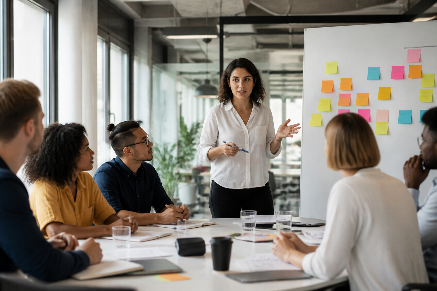 Manager en réunion avec équipe diverse discutant stratégies sur tableau blanc