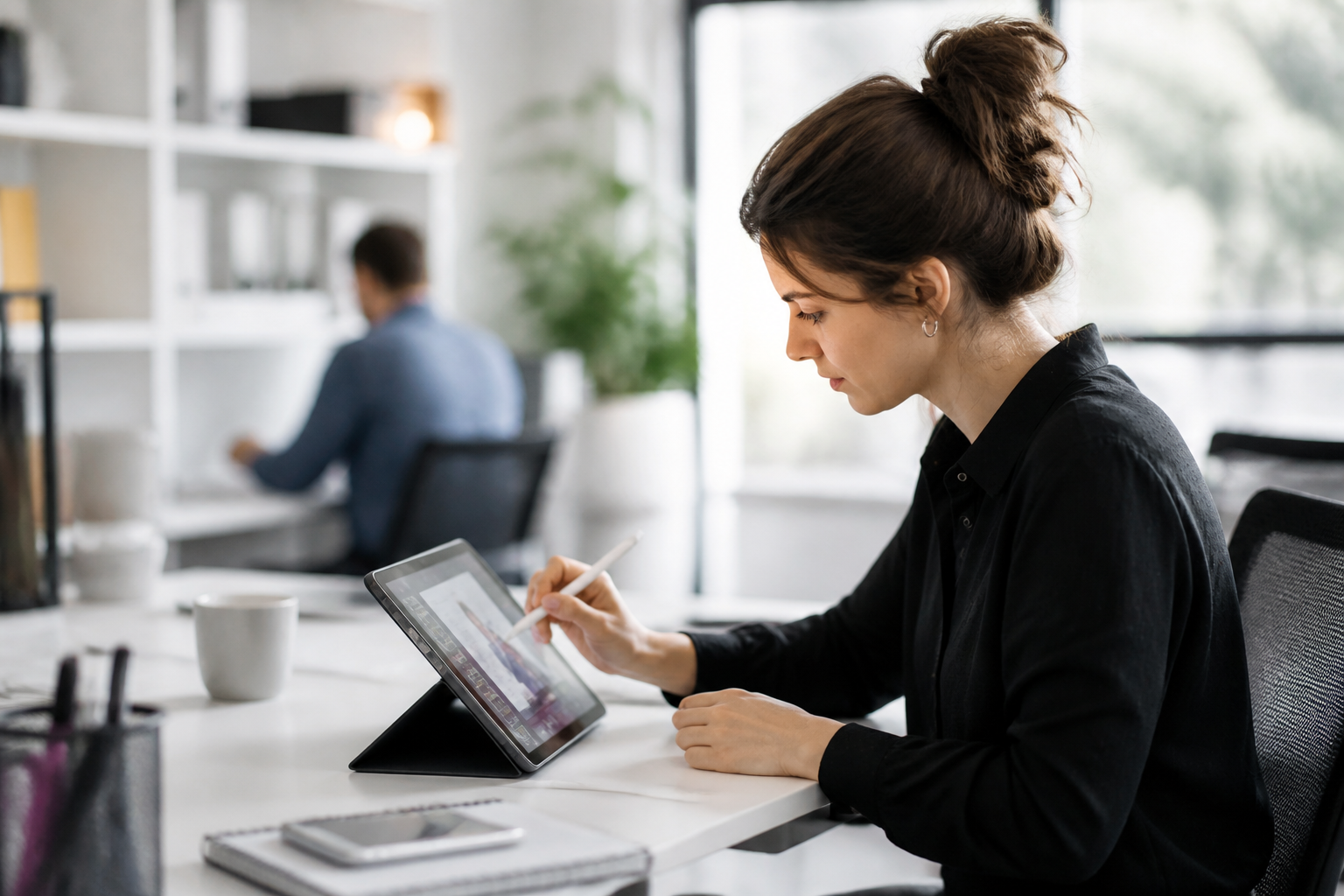 Utilisateur consultant une formation continue sur tablette dans un bureau