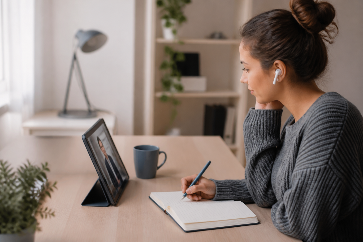 Apprenant suivant une formation digitale sur tablette, dans un environnement calme et moderne