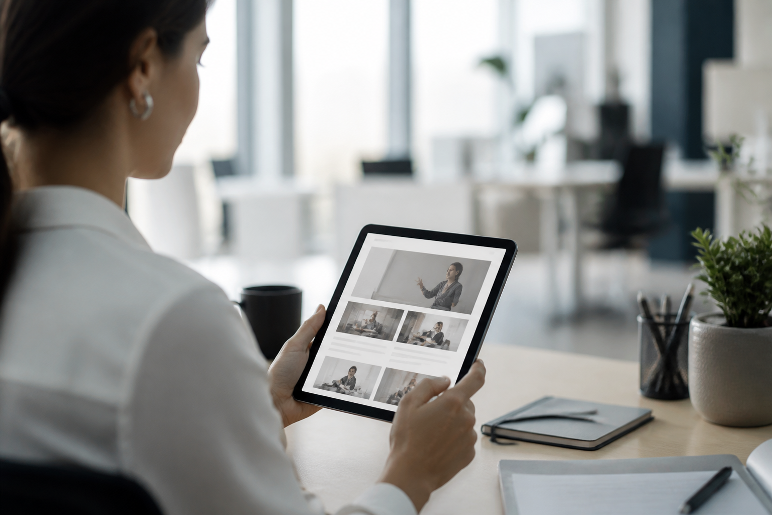 Consultation d’une formation professionnelle sur tablette dans un espace de travail