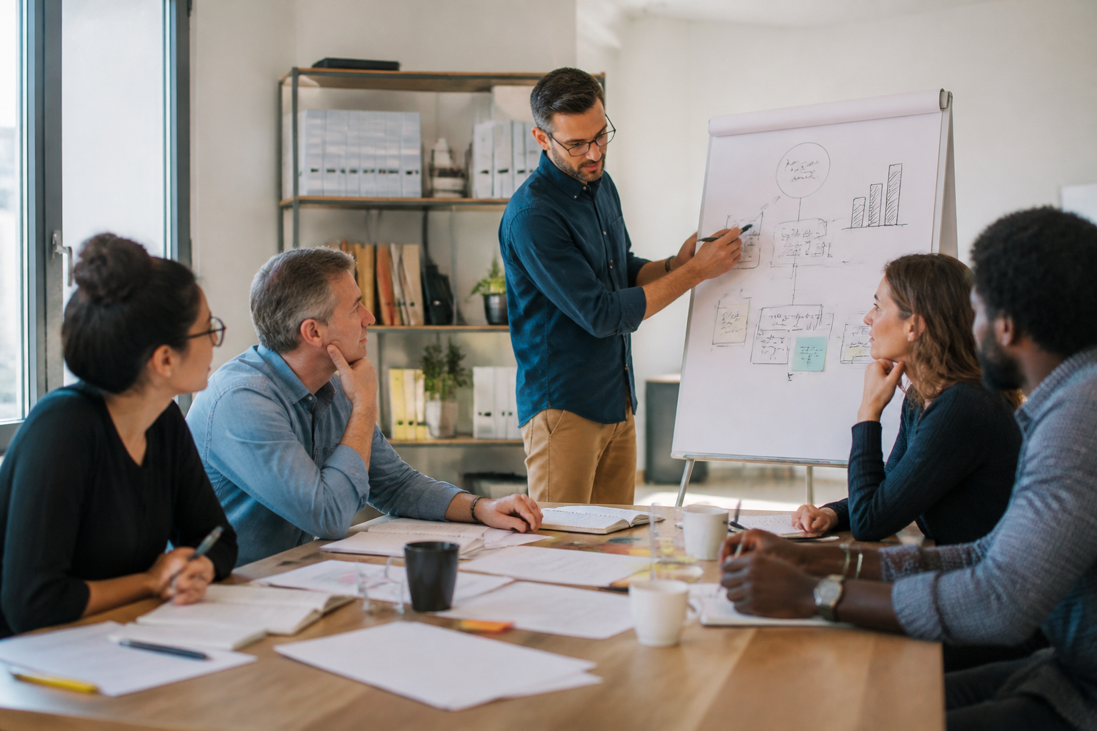 Atelier de formation professionnelle avec un formateur et participants engagés