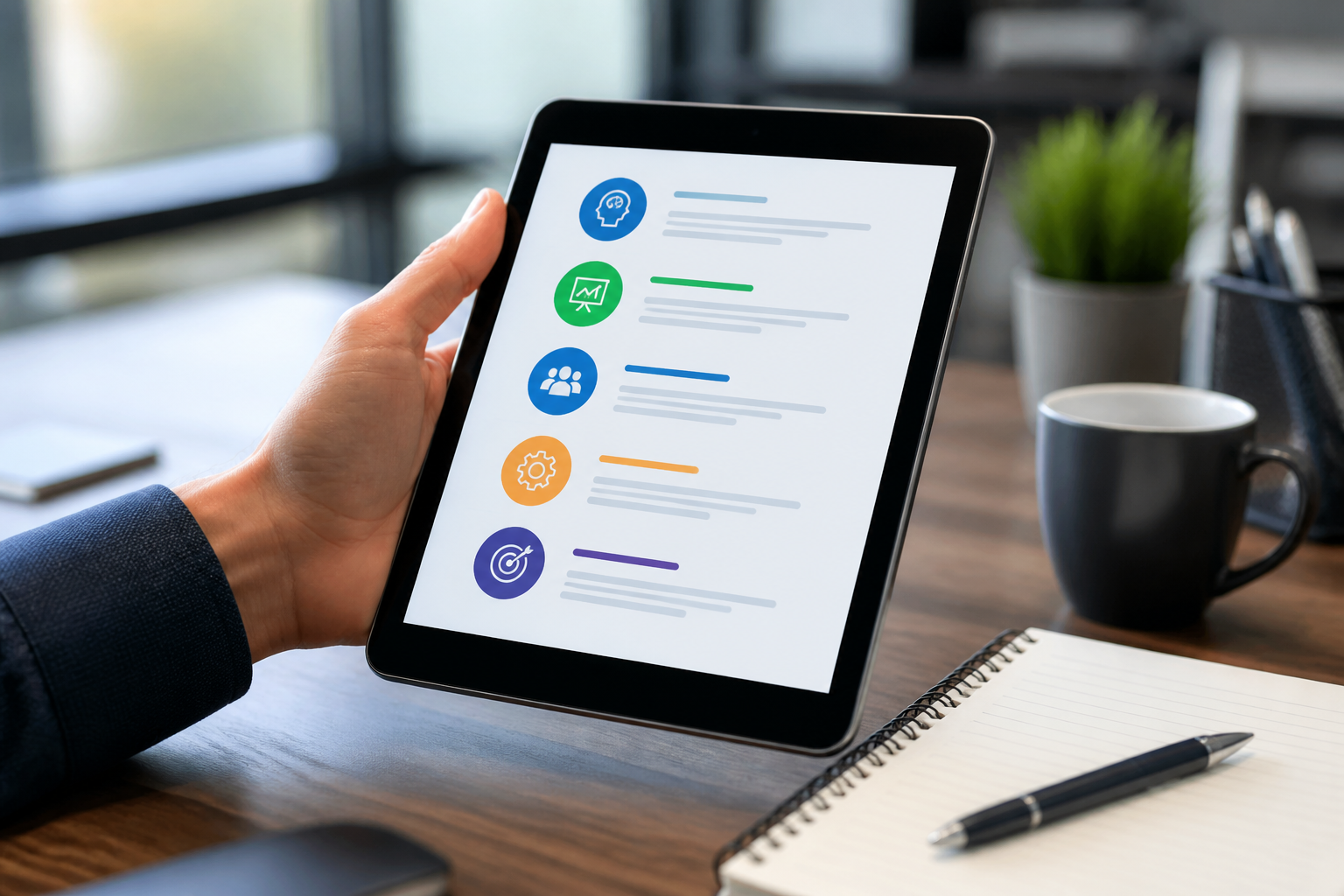 Tablette affichant une liste de compétences professionnelles sur un bureau