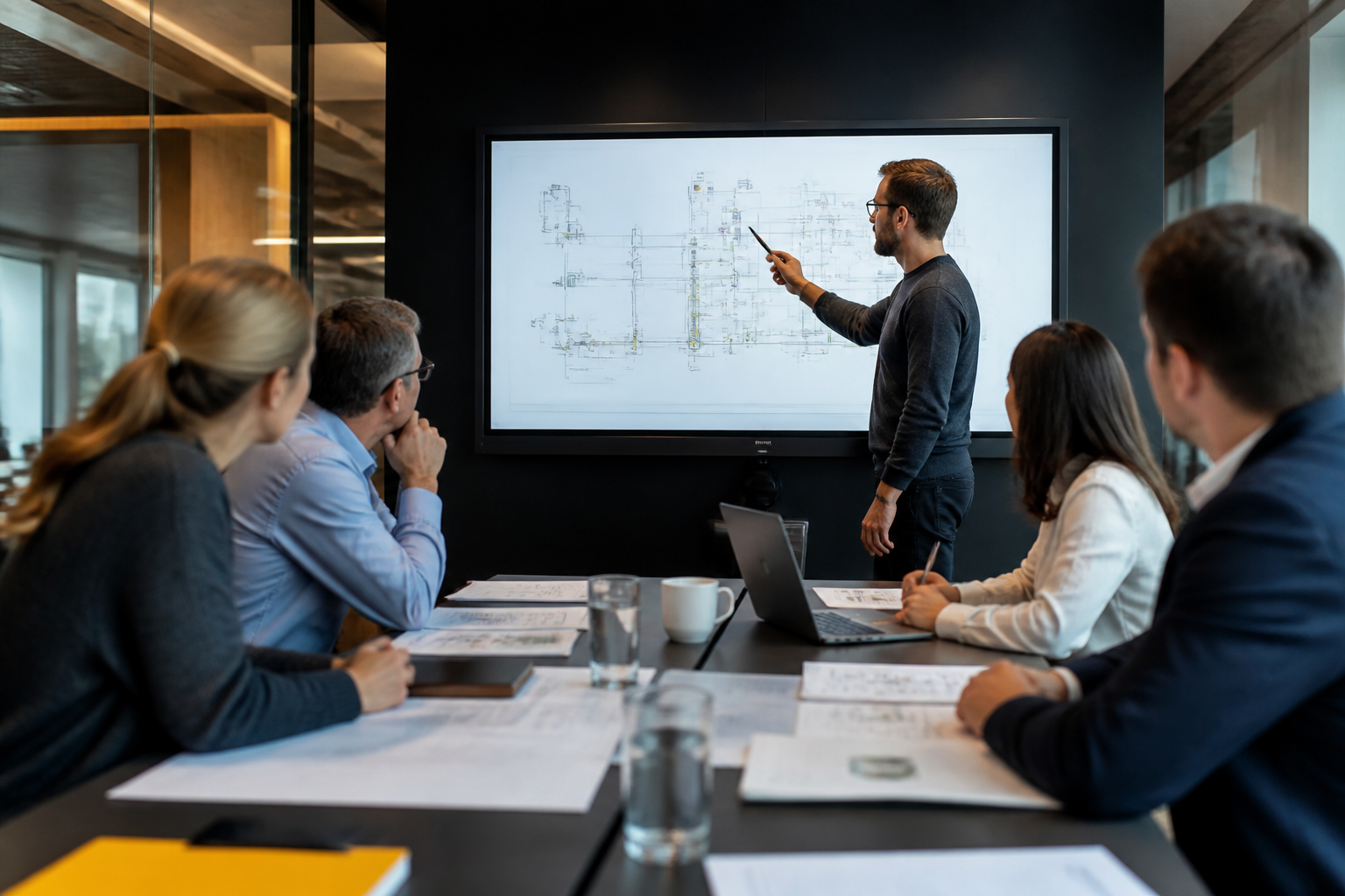 Réunion de managers et formateur expliquant un schéma digital en salle de réunion
