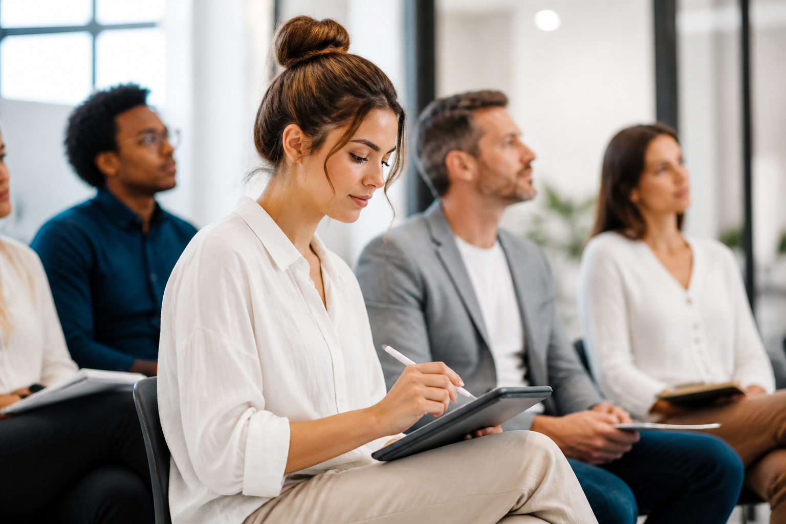 Jeune femme en formation professionnelle prenant des notes sur tablette