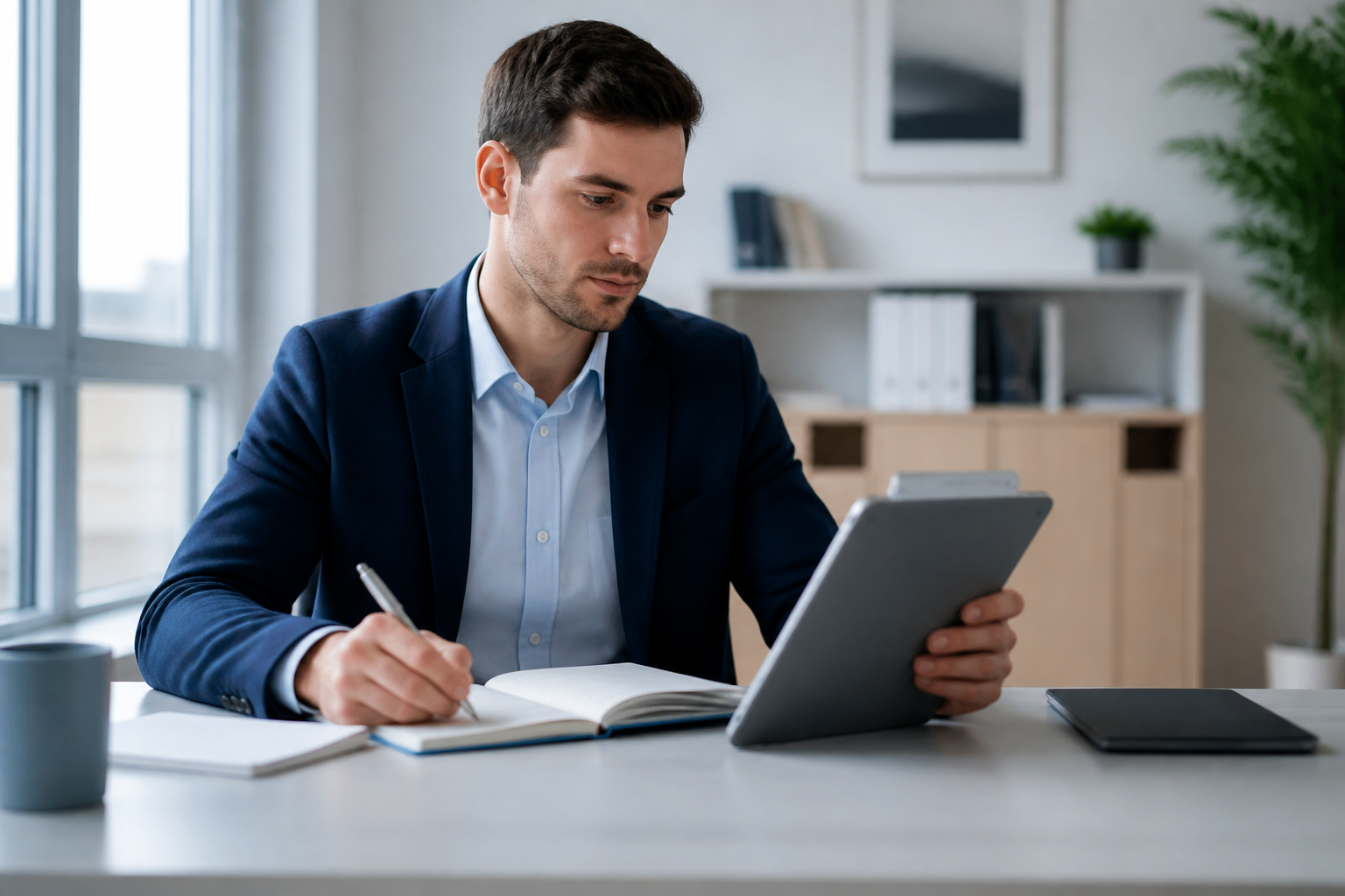 Agent de la fonction publique préparant son dossier de formation sur tablette