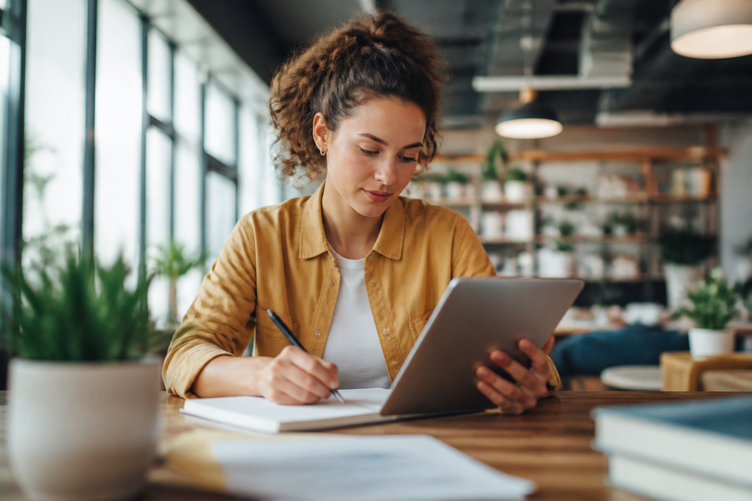Personne en situation d'apprentissage avec tablette et carnet