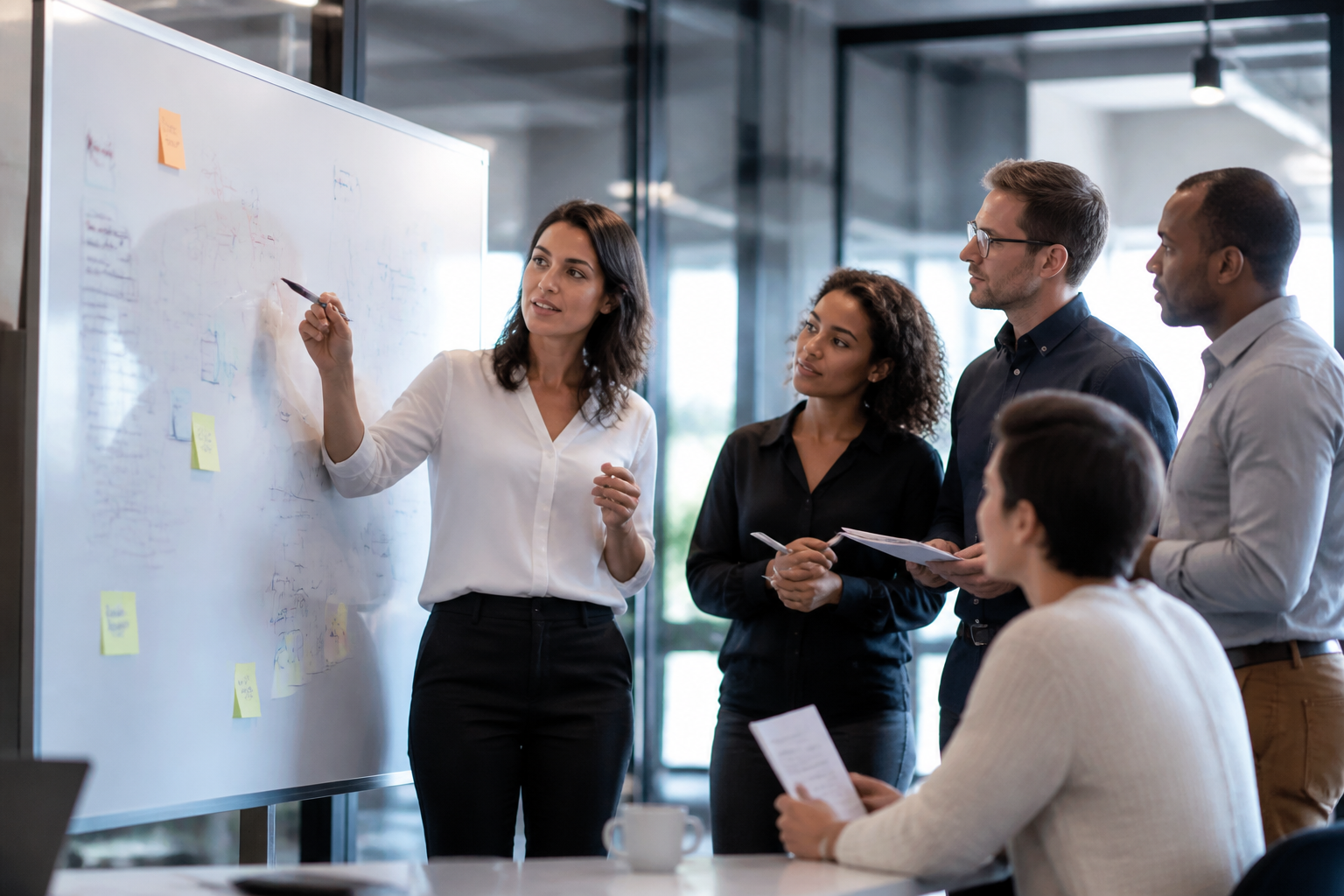 Atelier de formation en management digital avec échanges autour d'un tableau blanc