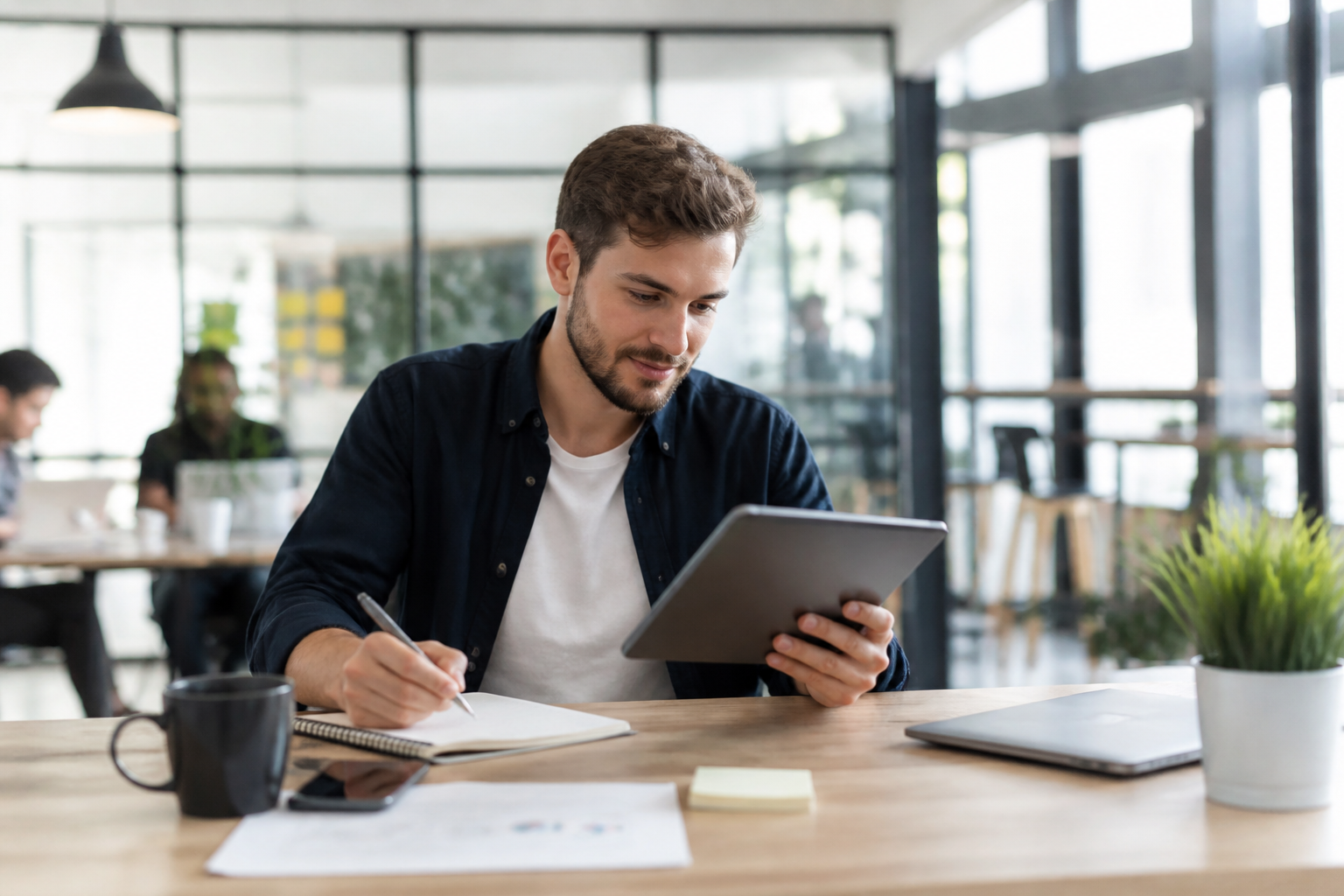 Manager préparant son projet professionnel avec outils numériques