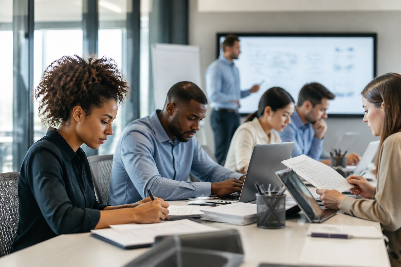 Atelier de formation professionnelle en informatique dans un environnement de bureau moderne