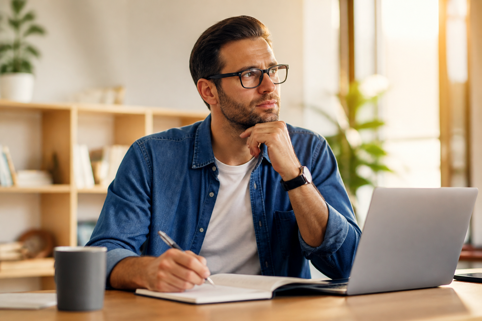 Personne indépendante planifiant sa reconversion professionnelle avec un carnet et un ordinateur