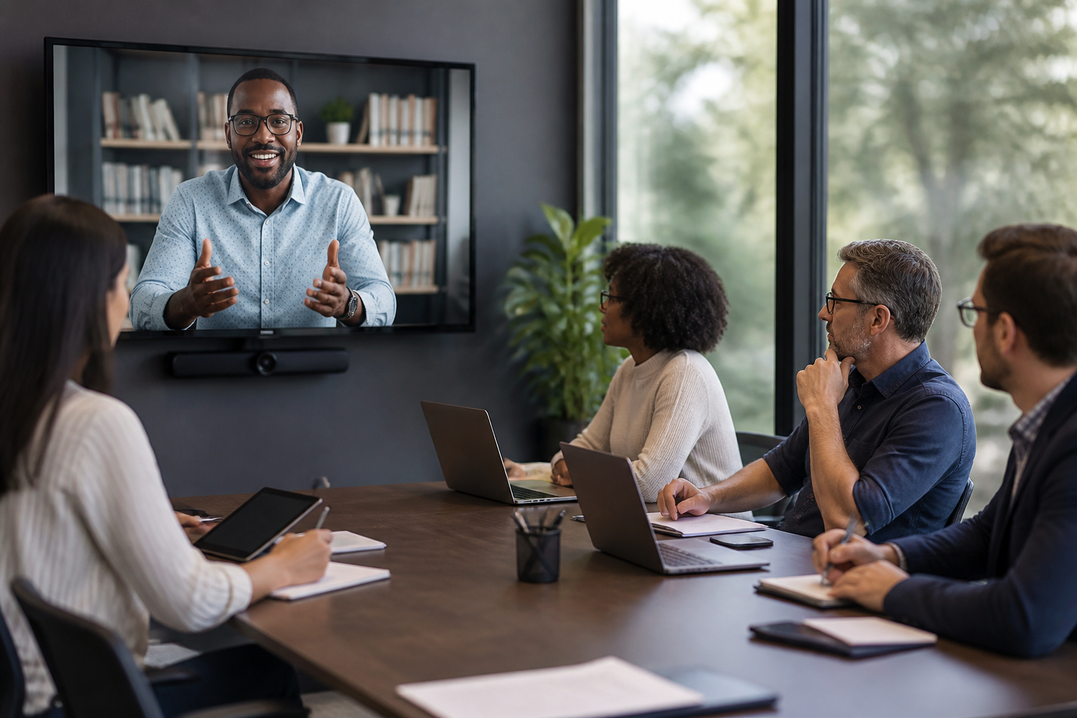 Atelier de formation digitale avec formateur en visioconférence et participants en présentiel