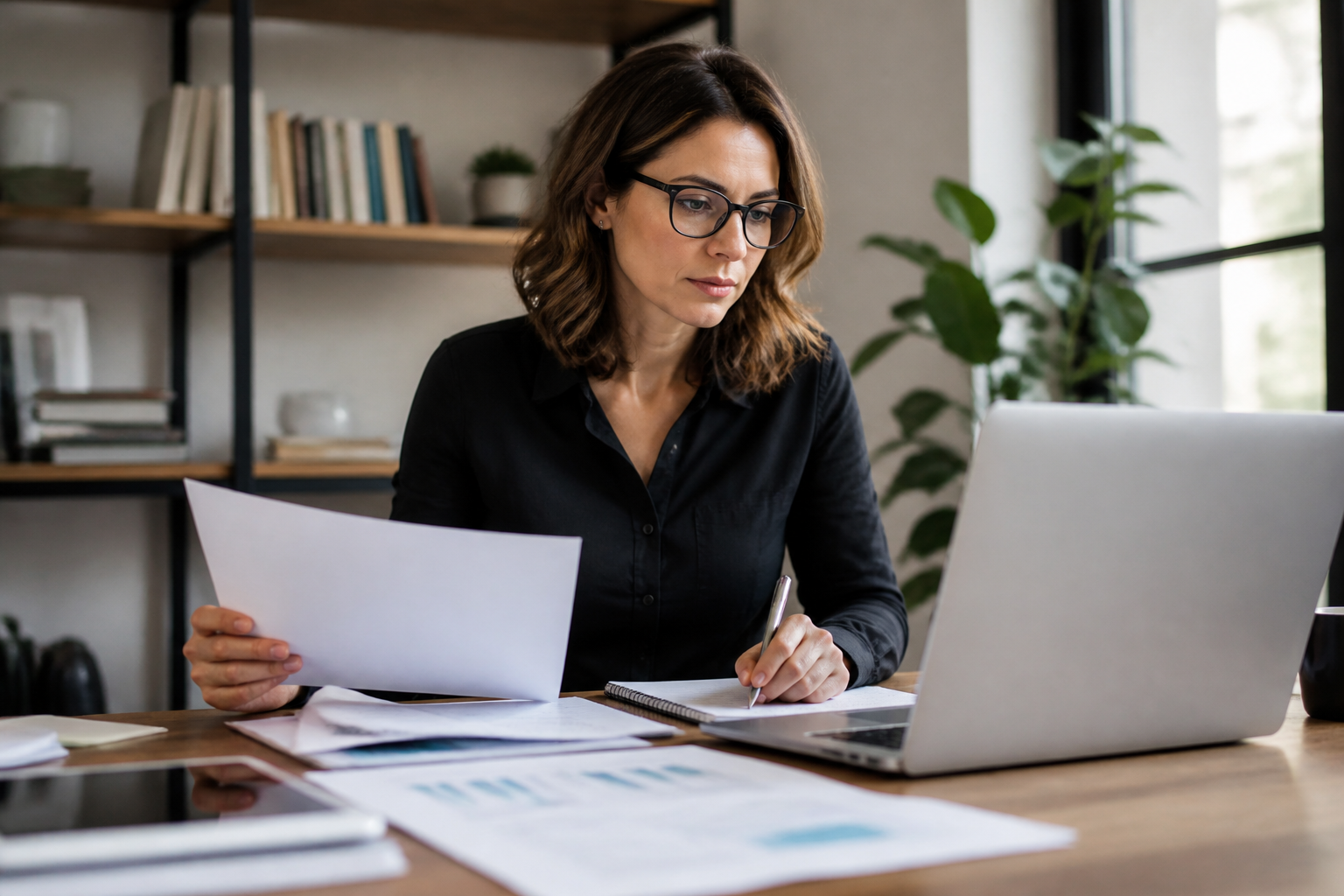 Personne travaillant sur son projet de reconversion professionnelle avec des documents et un ordinateur