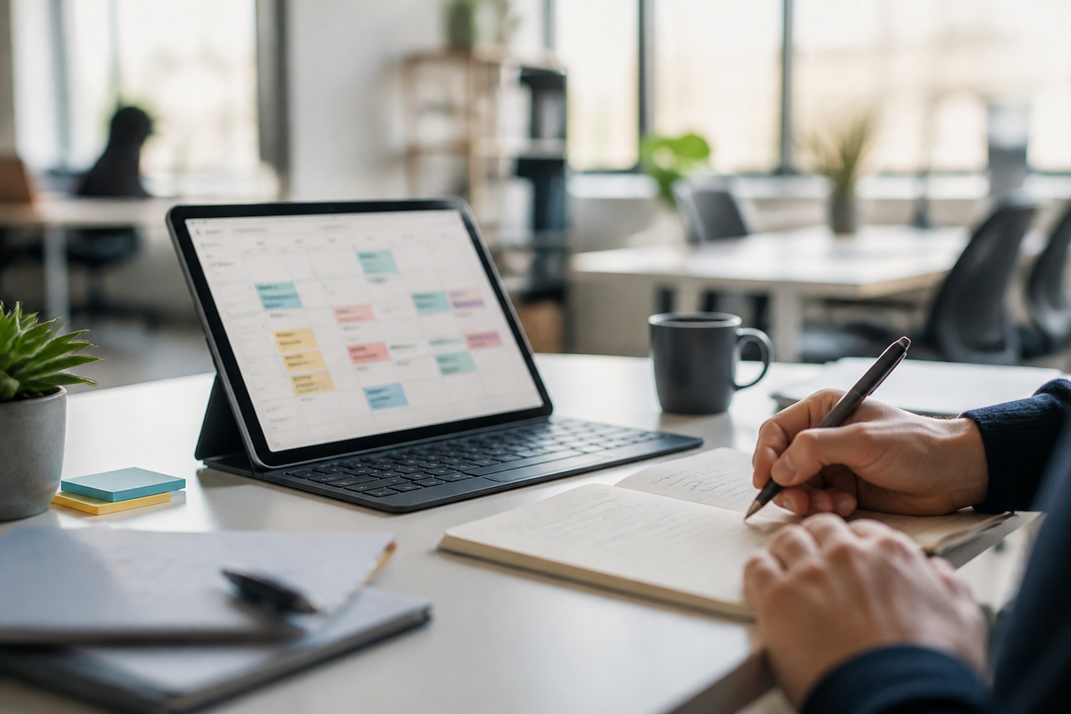 Planning de formation professionnelle sur tablette avec notes manuscrites en bureau
