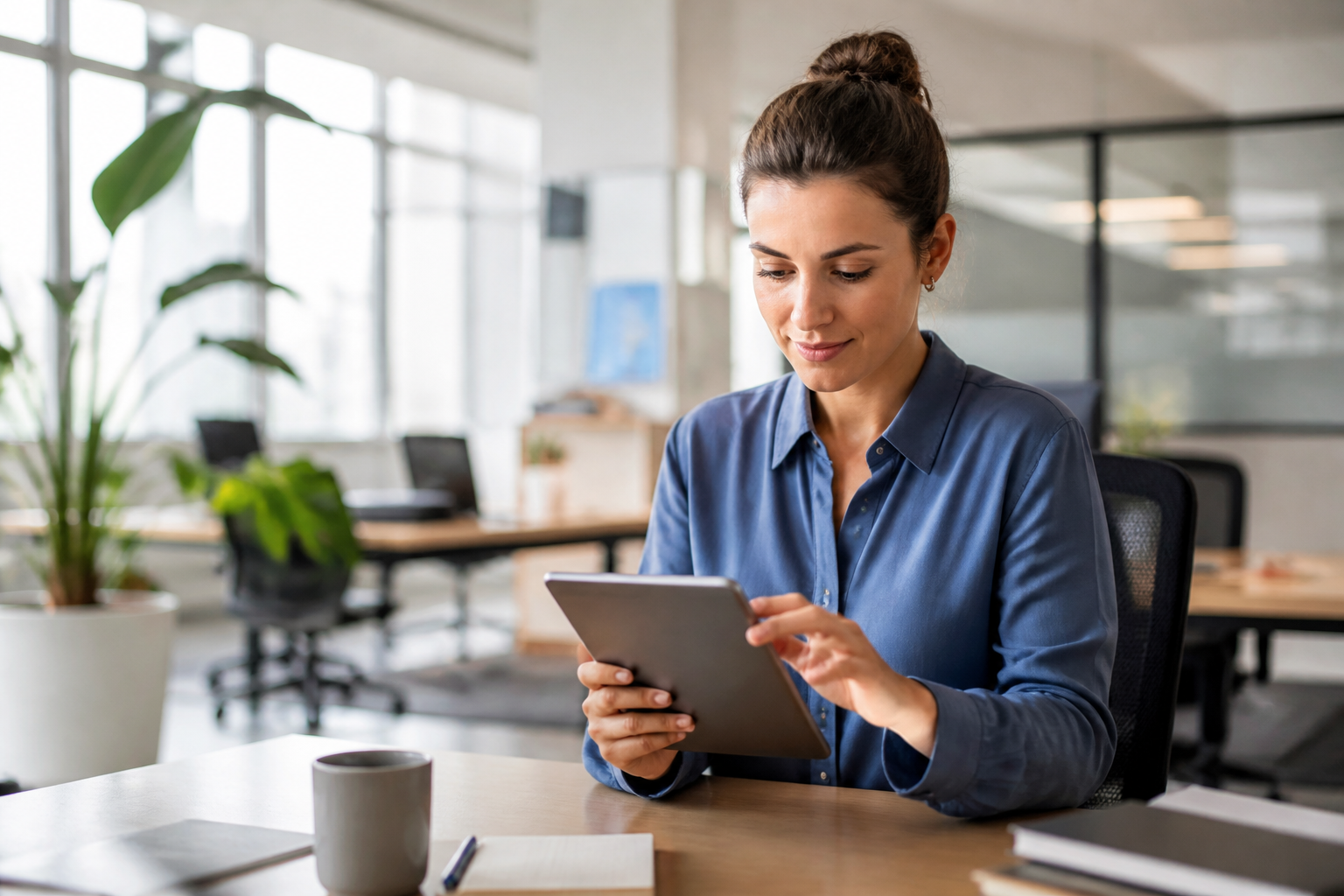 Consultation CPF sur tablette dans un bureau moderne avec lumière naturelle