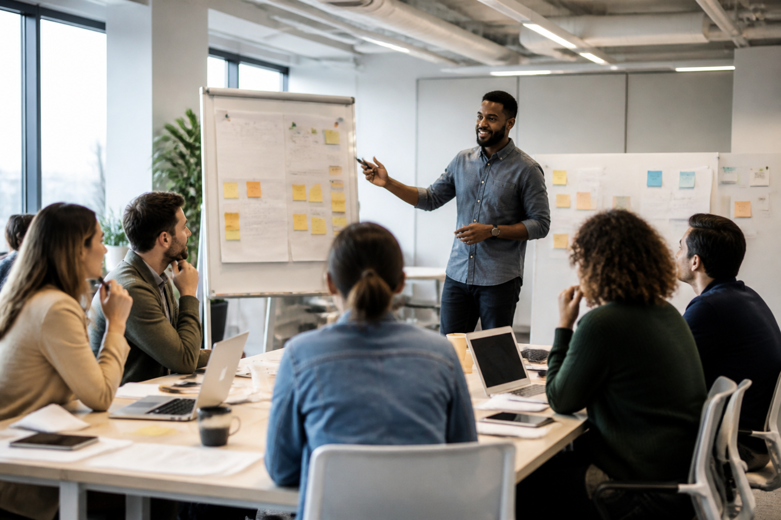 Atelier de formation avec formateur et participants dans une salle équipée