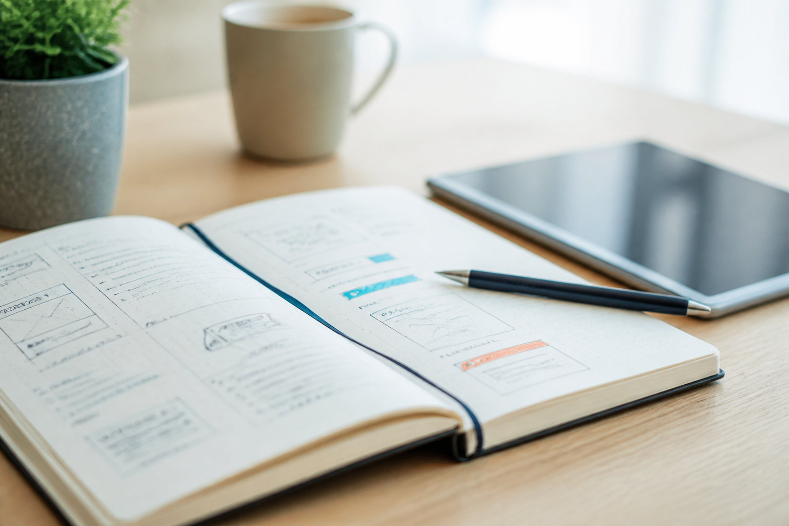 Carnet de notes et tablette illustrant la préparation d’un projet de transformation digitale