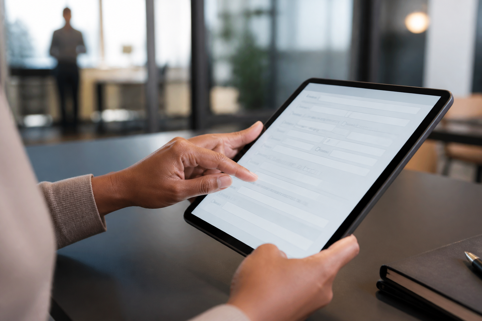 Personne remplissant une demande de formation sur une tablette dans un cadre professionnel