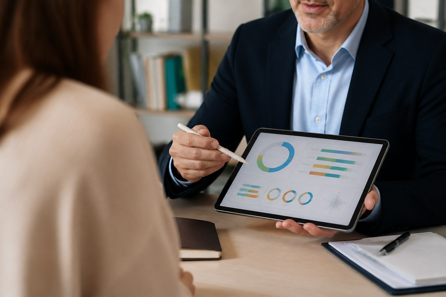 Consultant tenant une tablette affichant un bilan de compétences numérique