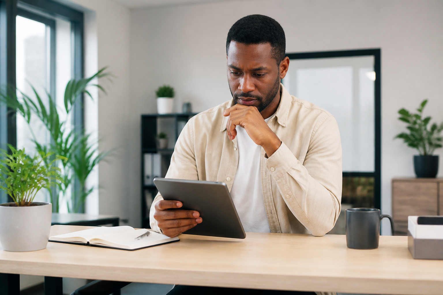 Indépendant consultant une formation sur tablette en bureau épuré