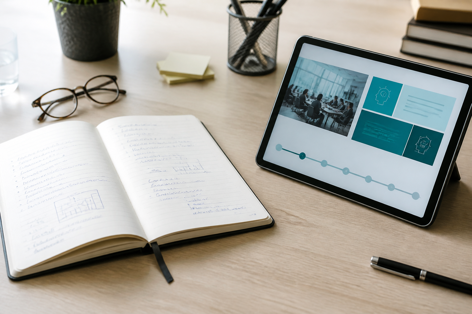 Carnet et tablette affichant un programme de formation professionnelle