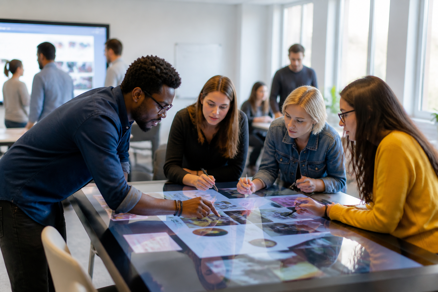 Atelier de formation digitale avec participants utilisant un écran tactile dans un espace moderne