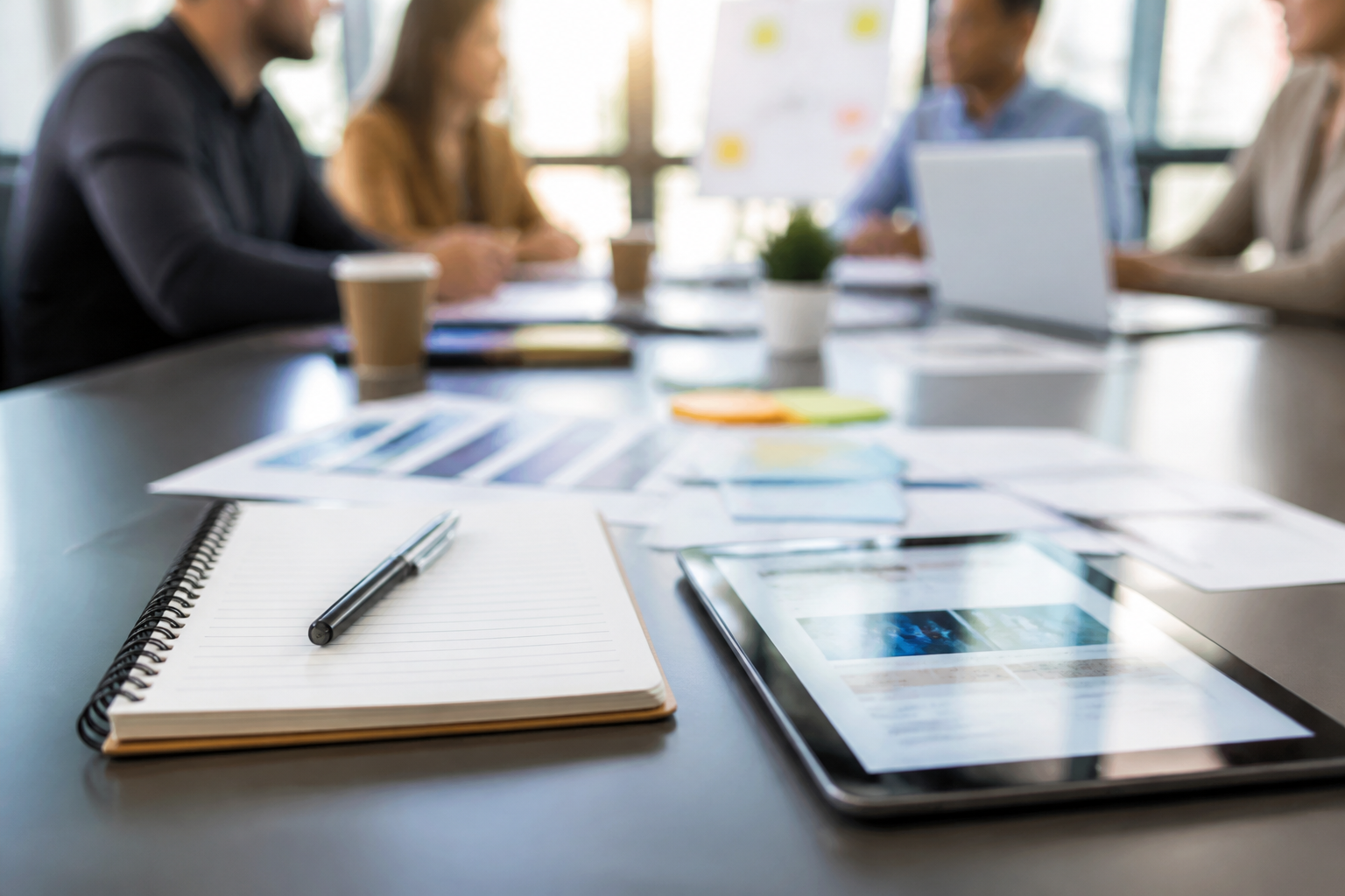 Carnet et tablette sur une table lors d'une réunion de formation professionnelle