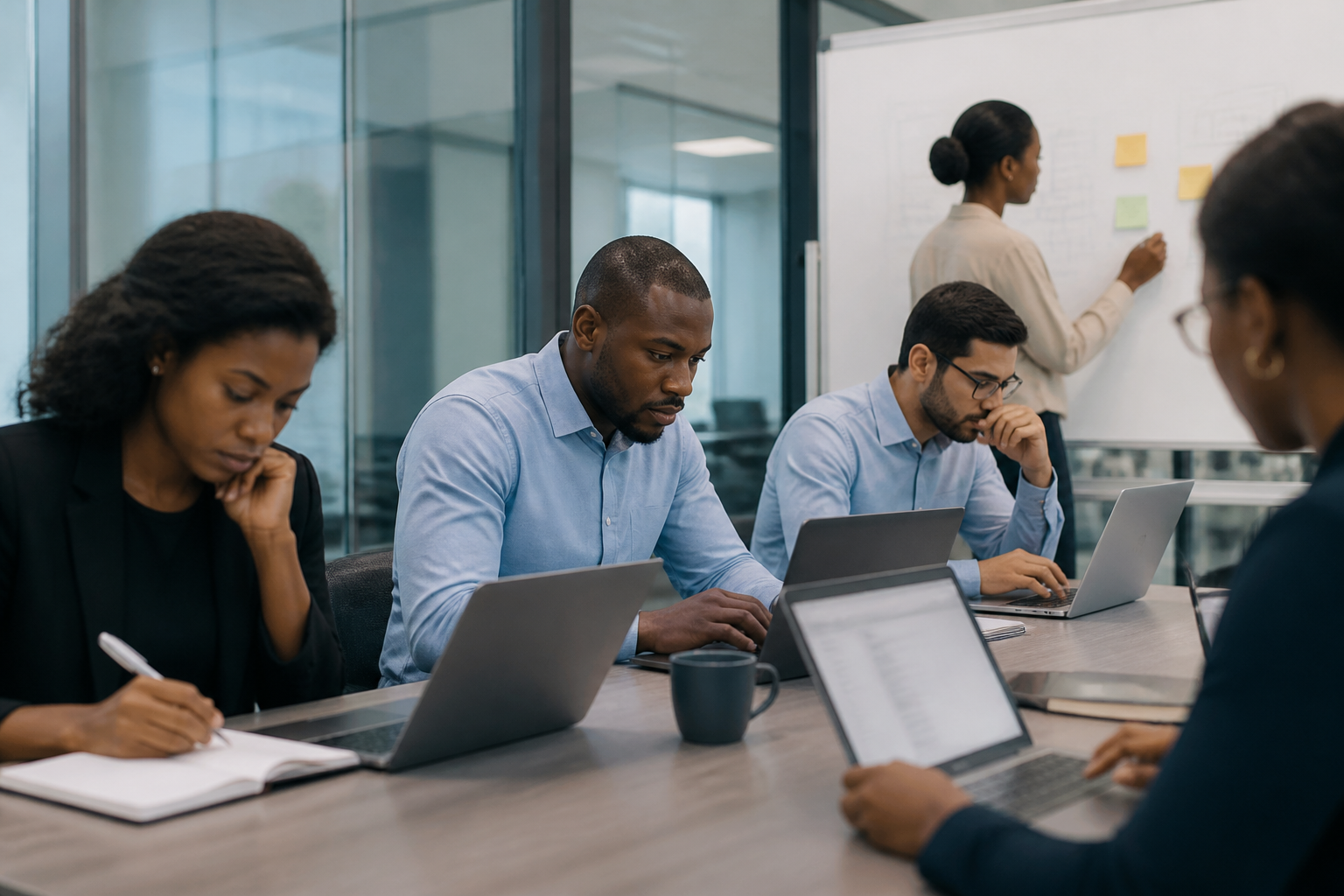 Atelier de formation digitale avec participants et outils numériques