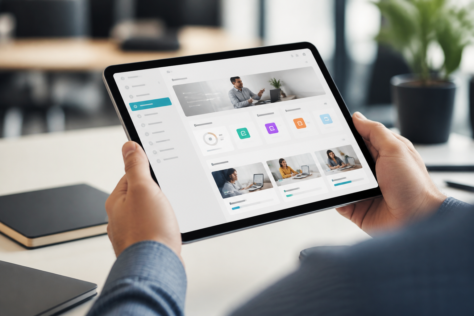 Gros plan sur une tablette affichant une plateforme de formation dans un bureau moderne