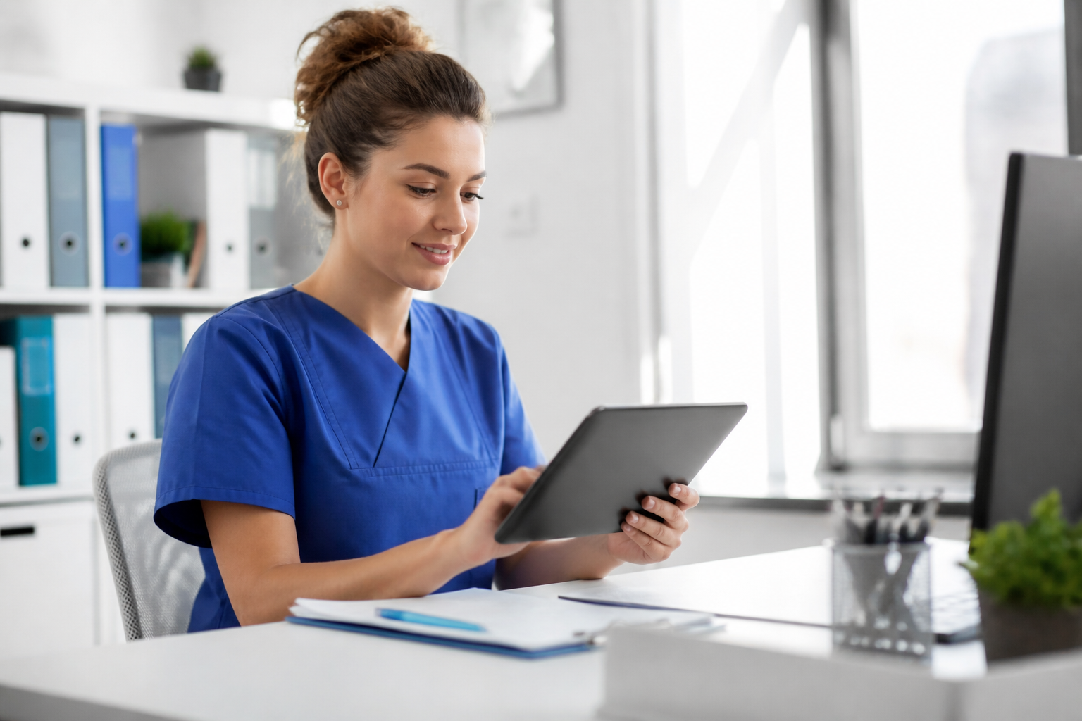 Infirmière consultant des offres de formation professionnelles sur tablette