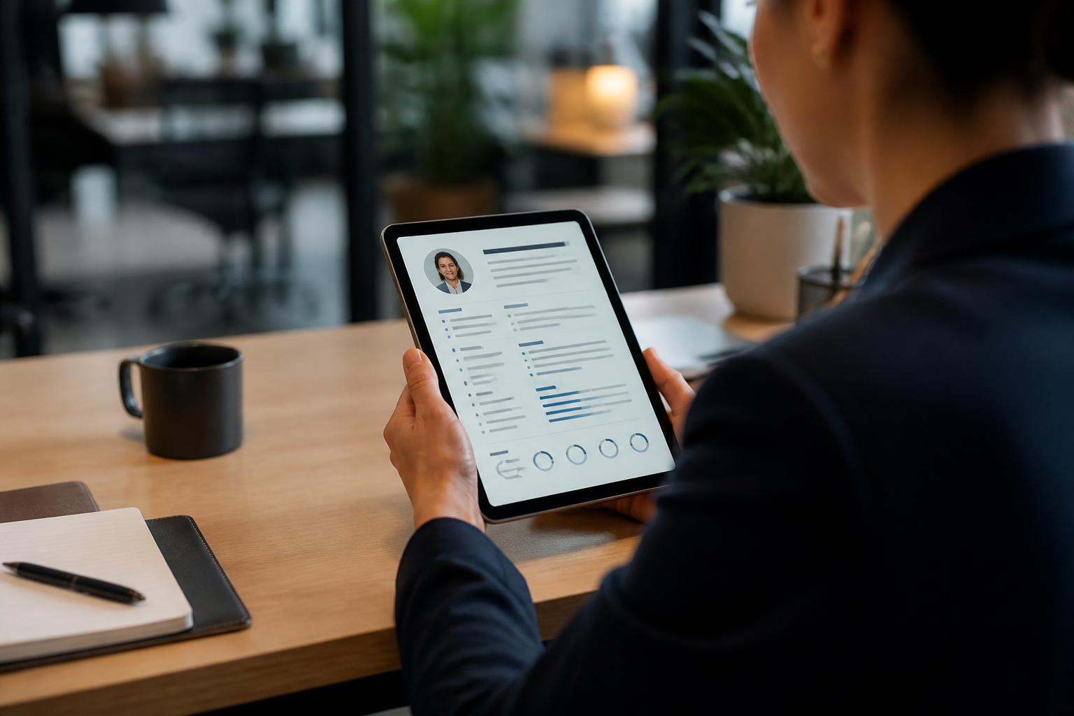 Consultation d'un CV numérique sur tablette montrant les compétences professionnelles et soft skills