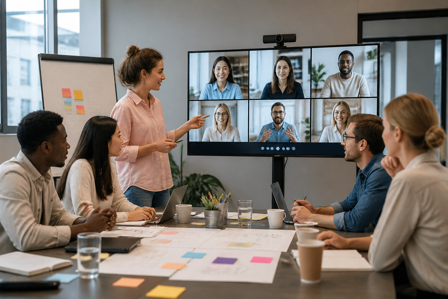 Atelier de formation en reconversion professionnelle avec participants en présentiel et en distanciel