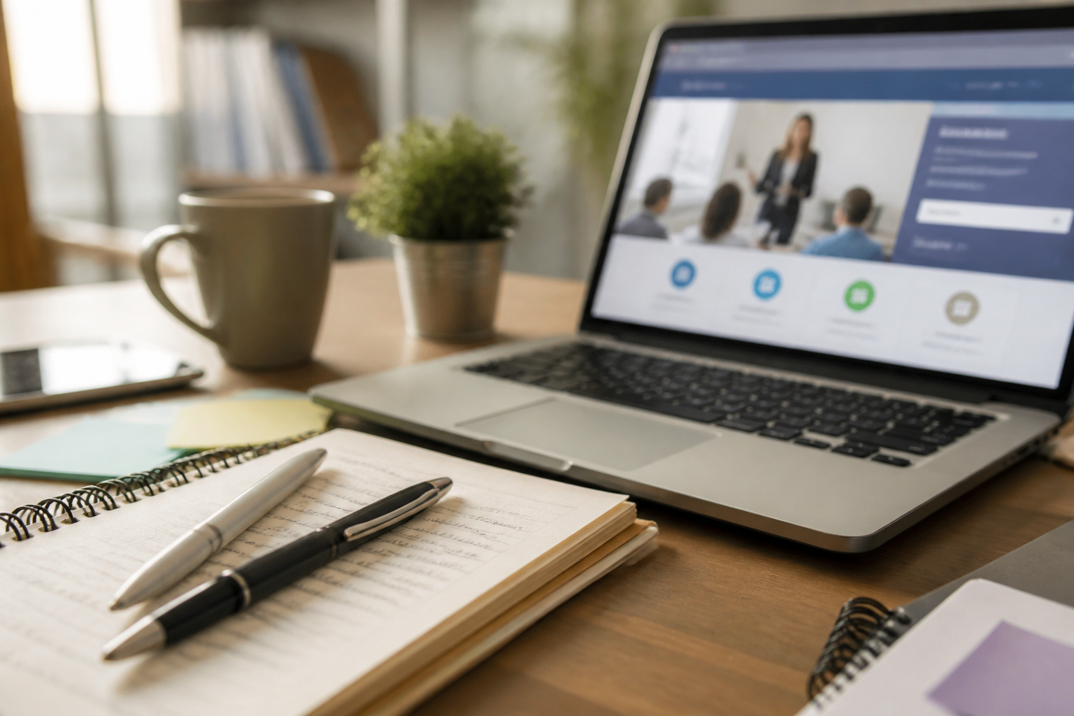 Carnet de notes et ordinateur avec interface de gestion du compte personnel de formation (CPF)