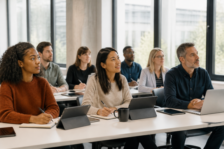Personnes en formation professionnelle avec tablettes et ordinateurs portables