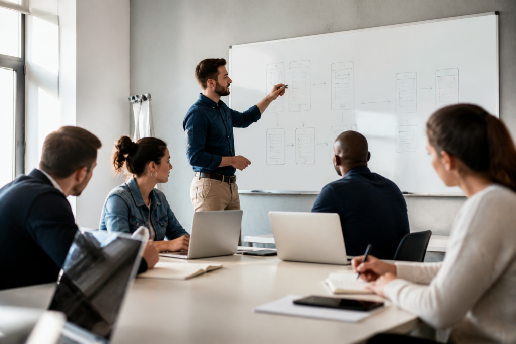 Participants en formation professionnelle en salle moderne